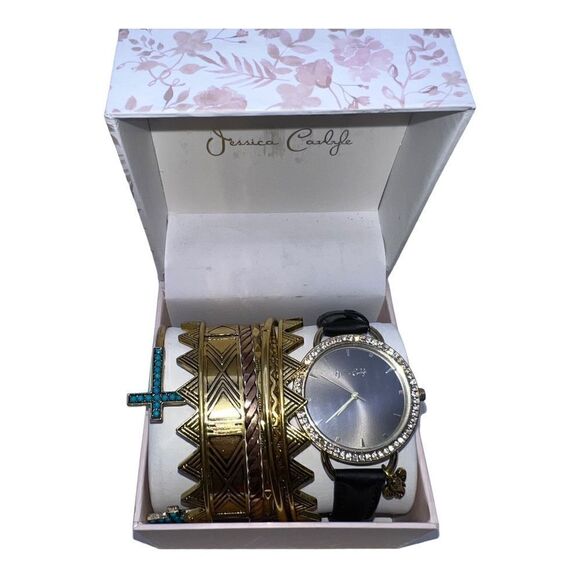 Jessica Carlyle Gold-Tone Black Strap Analog Watch & Bracelets New - Picture 2 of 6